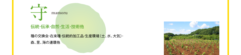 守　mamoru　伝統・伝承・自然・生活・技術他　種の交換会・在来種・伝統的加工品・生産環境（土、水、大気）・森、里、海の連環他